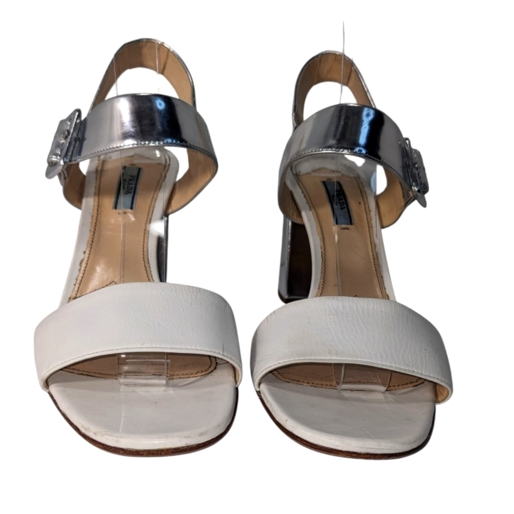 Prada Cream & Silver Leathe Block Heels with Modern Block Design Size 10- 10.5
